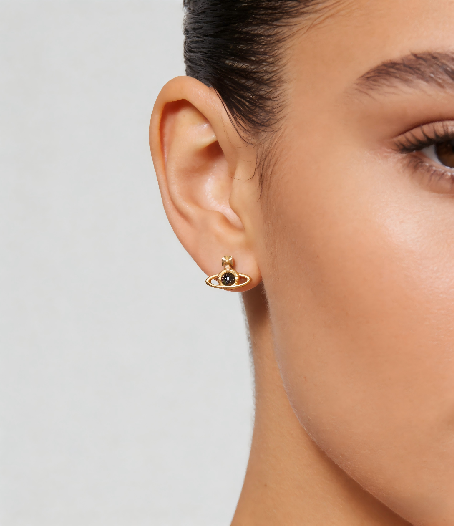 2026 New Vivienne Westwood Gold Tone Black Crystal Mini Saturn Orb Stud Earrings for Women, Trendy Y2K Aesthetic Dainty Jewelry, Perfect for Daily & Party Wear