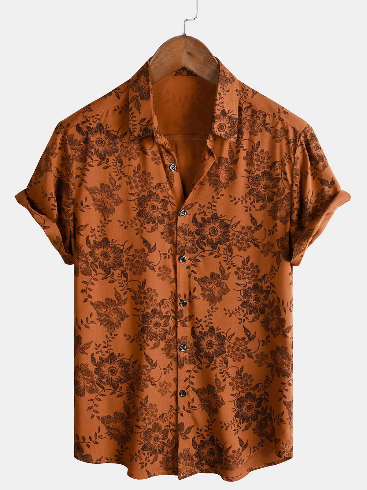 Men's Brown Floral Print Breathable Button-Up Short Sleeve Shirt