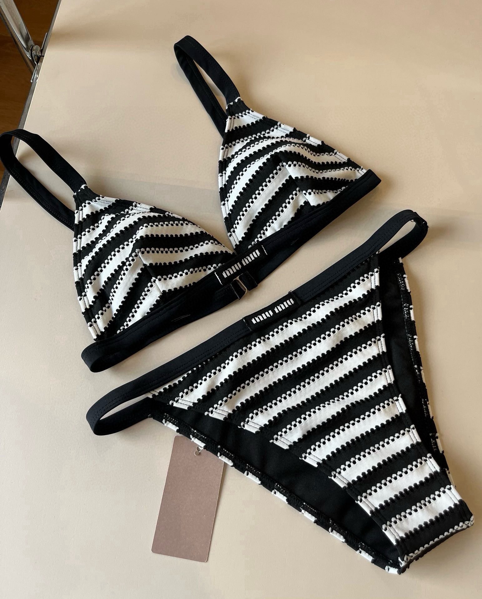 Miu Miu Textured Black & White Stripe Print Logo Triangle Bikini Two-Piece Swimsuit - KAIROO