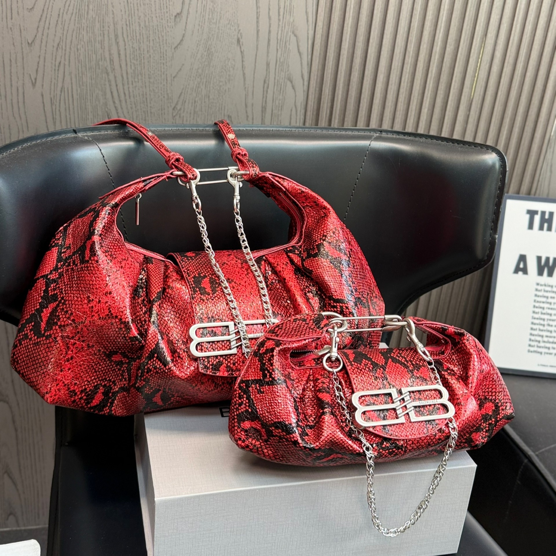 Balenciaga Snakeskin Leather BB Logo Turn-Lock Chain Pamela Safety Pin Shoulder Hobo Bag - KAIROO