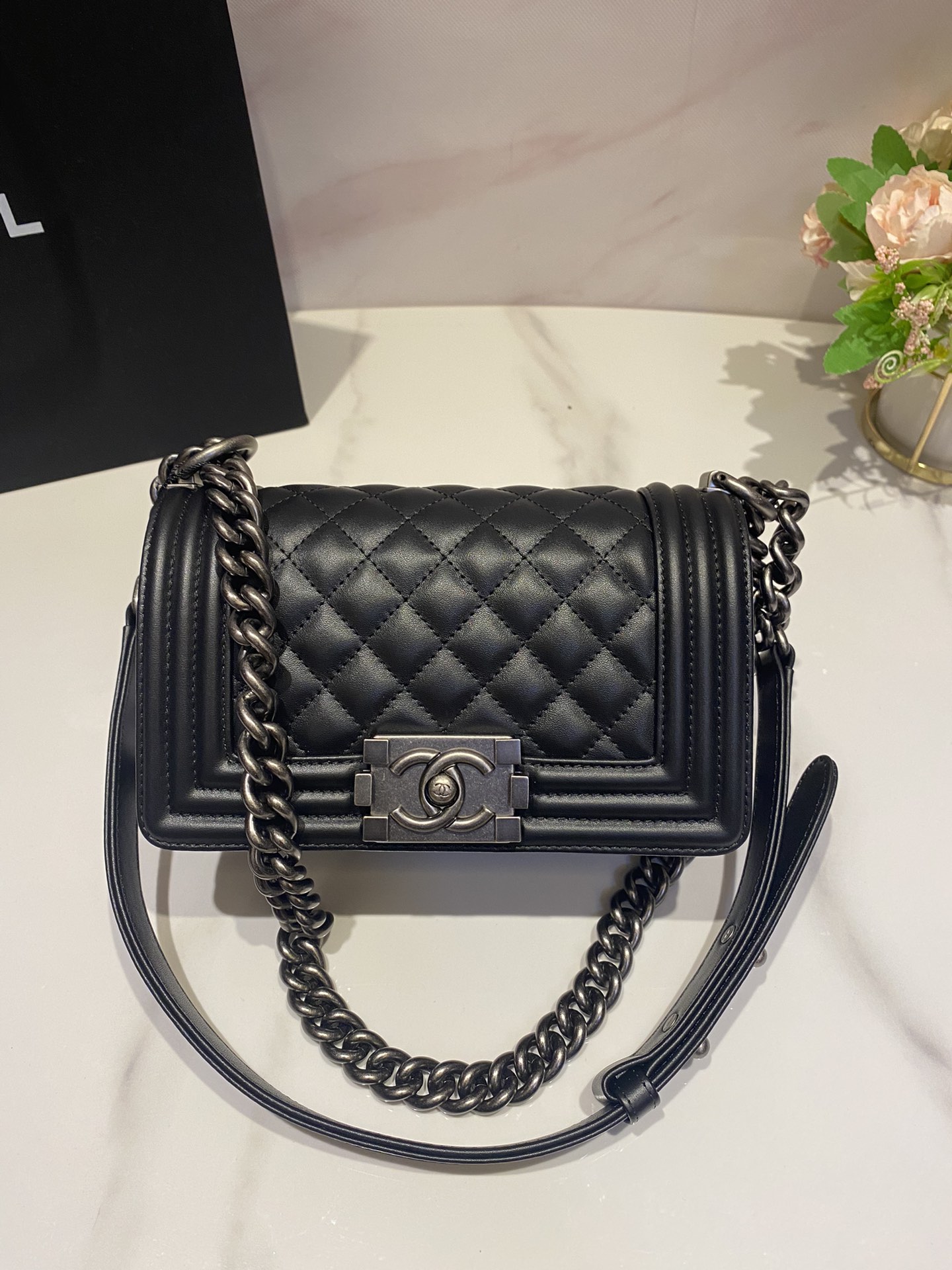 Chanel Small Boy Bag in Black Calfskin Ruthenium-Finish Metal