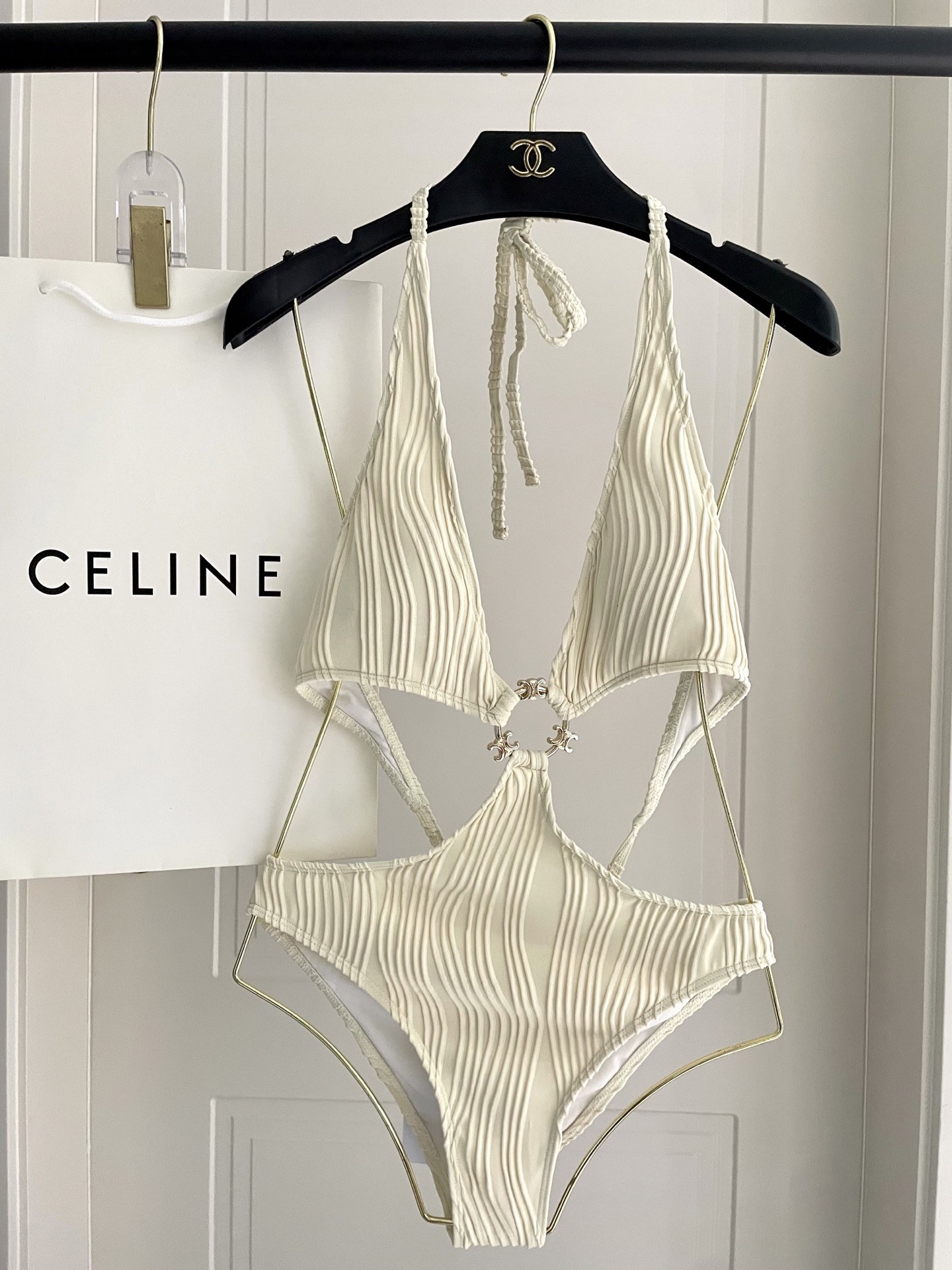 Celine White Ribbed Jersey Deep V-Neck Halter Cut-Out Swimsuit with Triomphe Ring - KAIROO