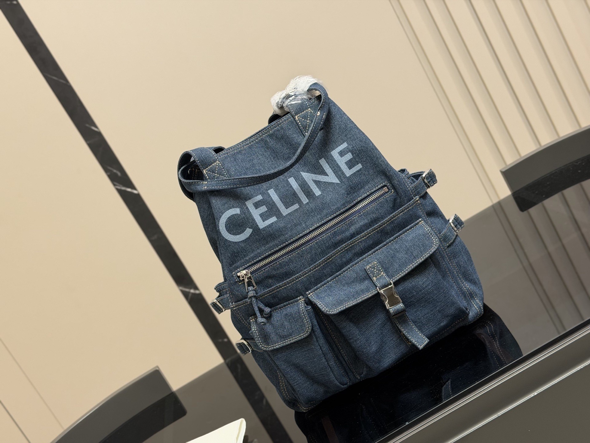 Celine Logo-Print Washed Denim Soft Multi-Pocket Cargo Tote Bag - KAIROO