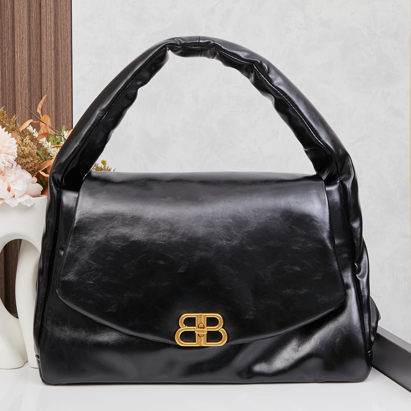 Balenciaga Monaco Black Padded Slouchy Leather BB Logo Puffy Handle Shoulder Tote Bags - KAIROO