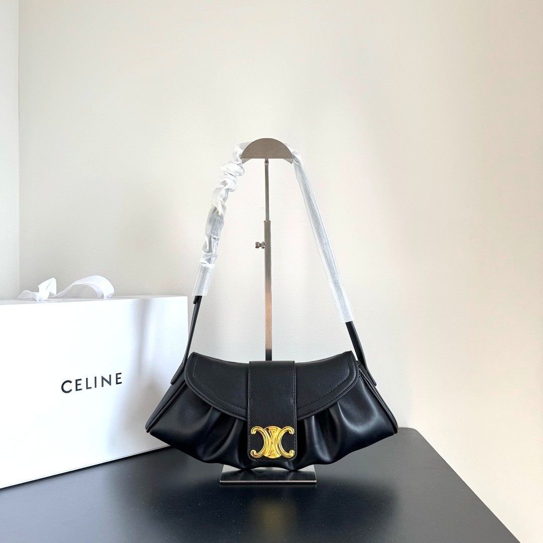 Celine Black Teen Polly Heloise Leather Gold Triomphe Magnetic Flip-Lock Pleated Hobo Bag - KAIROO