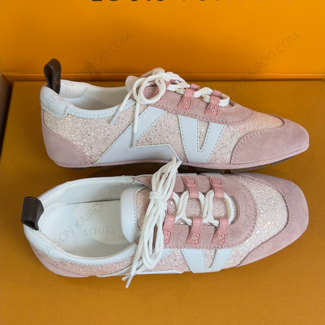 Louis Vuitton LV Monogram Glitter Light Pink Suede Leather Side Run Away Low Top Ballet Sneakers - KAIROO