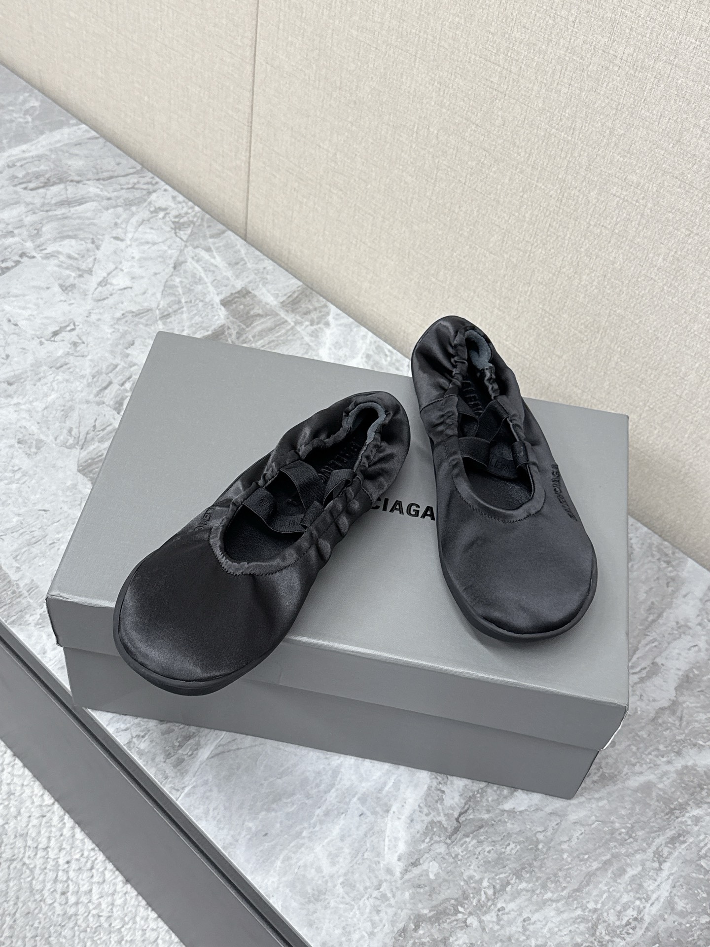 Balenciaga Leopold Black Satin Elastic Strap Side Embroidered Logo Round Toe Ballet Flats - KAIROO