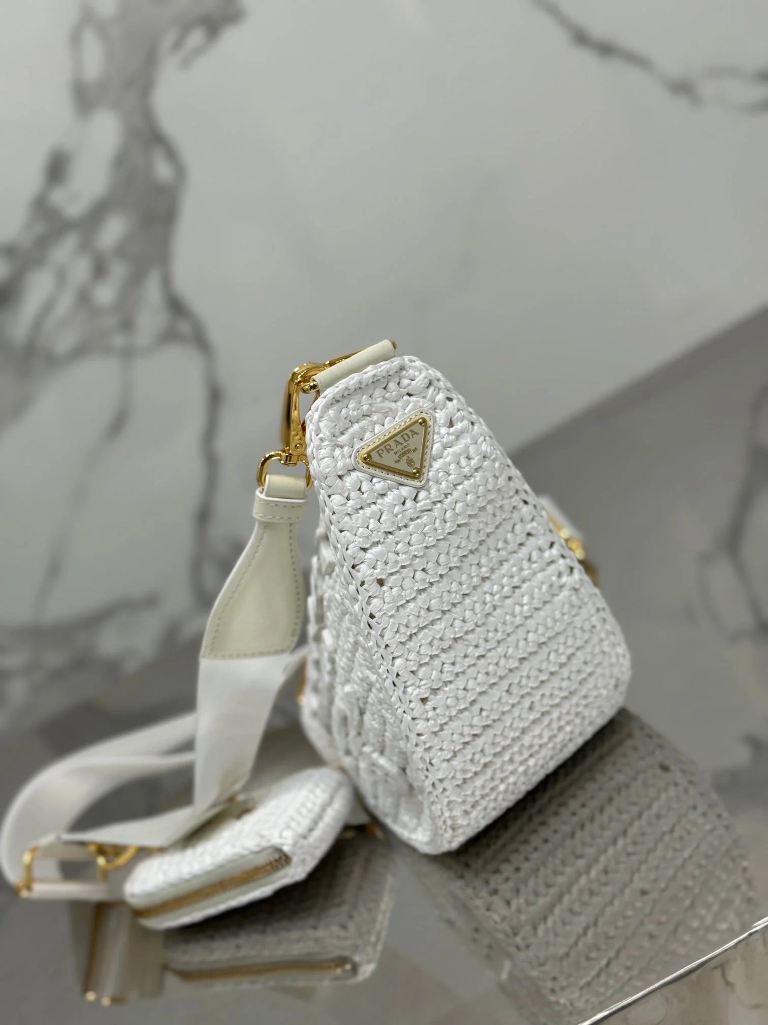 Prada CROCHET TRIANGLE BAG 26 IN WHITE RAFFIA GOLD HARDWARE