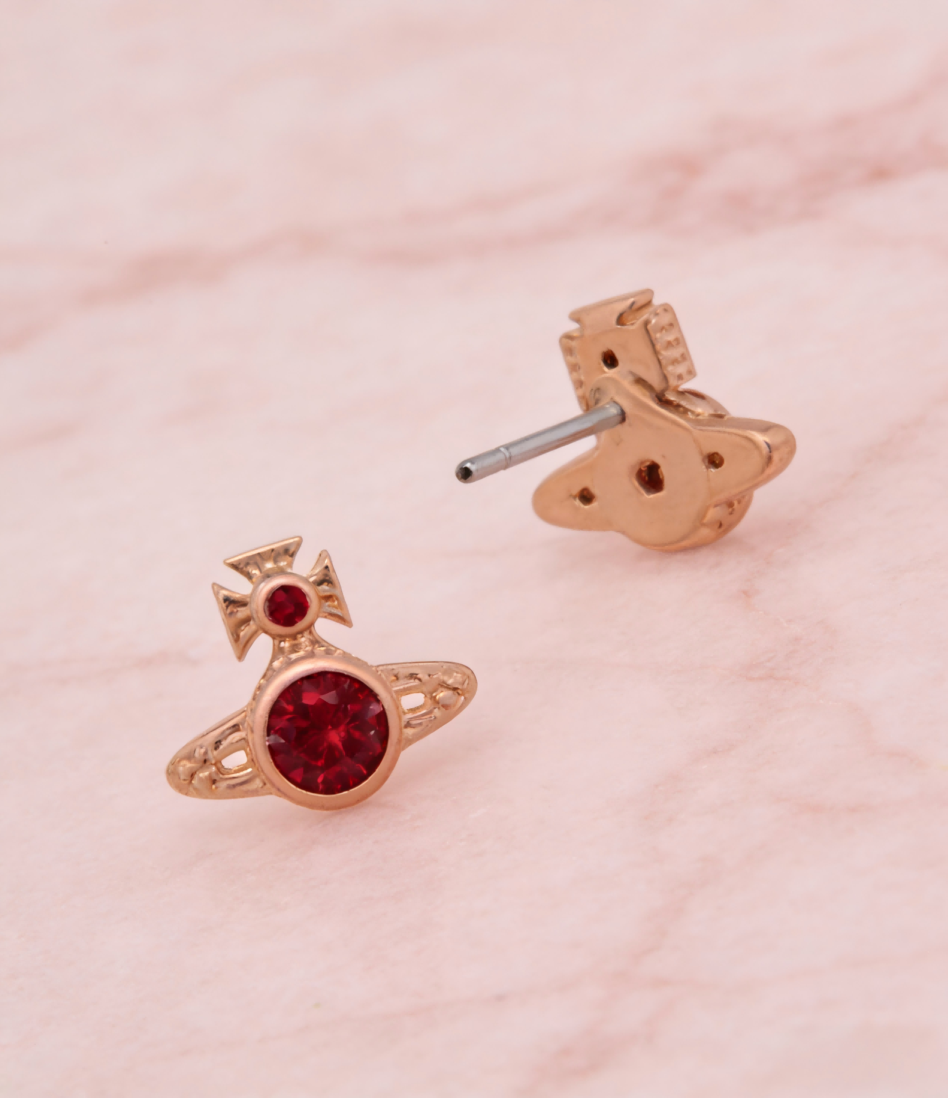 2026 New Vivienne Westwood Rose Gold Tone Red Crystal Mini Saturn Orb Stud Earrings for Women, Trendy Y2K Aesthetic Dainty Jewelry, Perfect for Daily & Party Wear