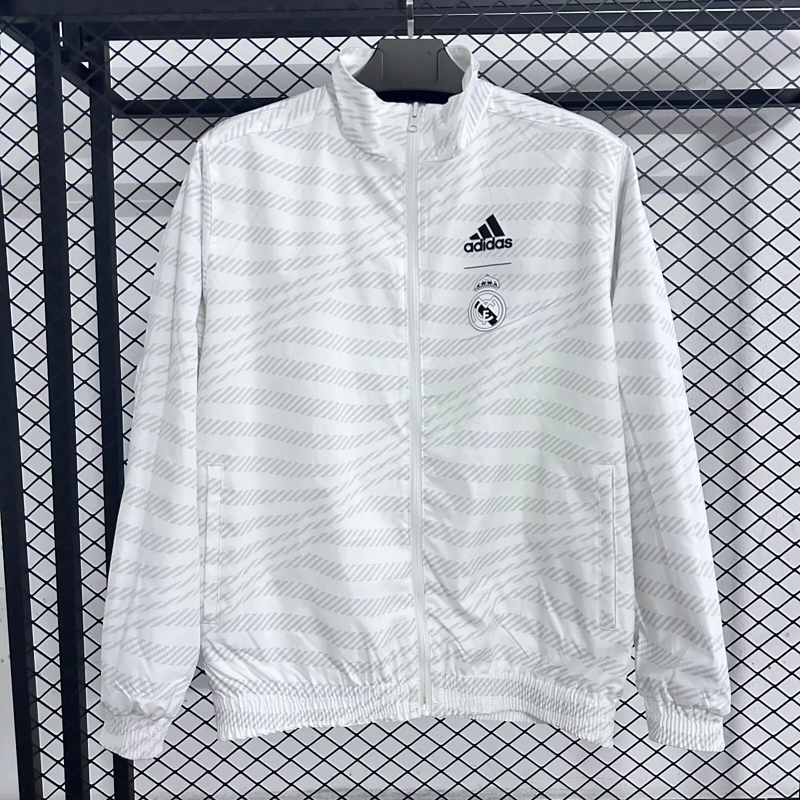 Real Madrid jersey, stand-up collar, striped, casual, waterproof, reversible, white trench coat