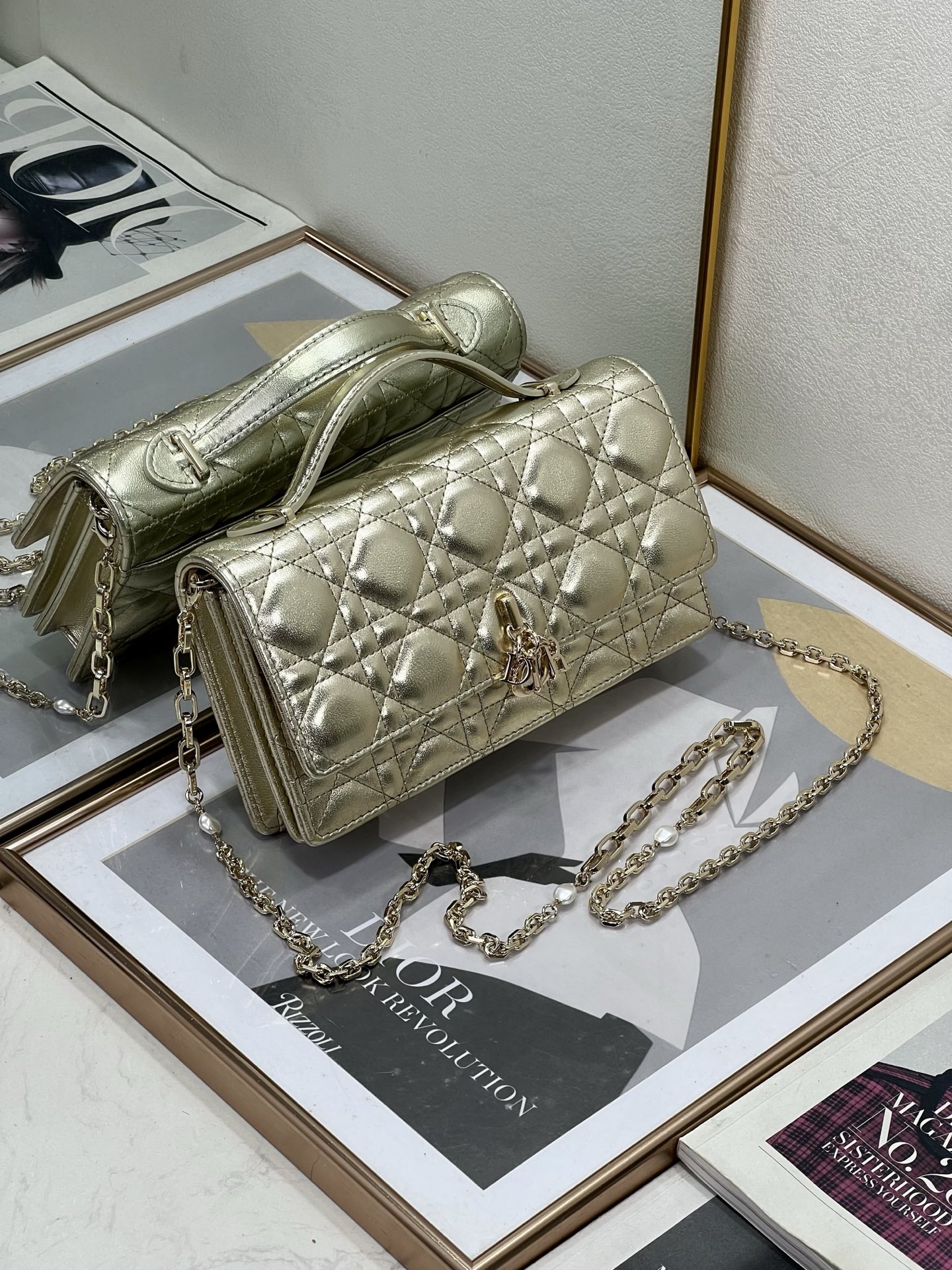 Miss Dior Chain Wallet/Clutch in Gold Cannage Lambskin
