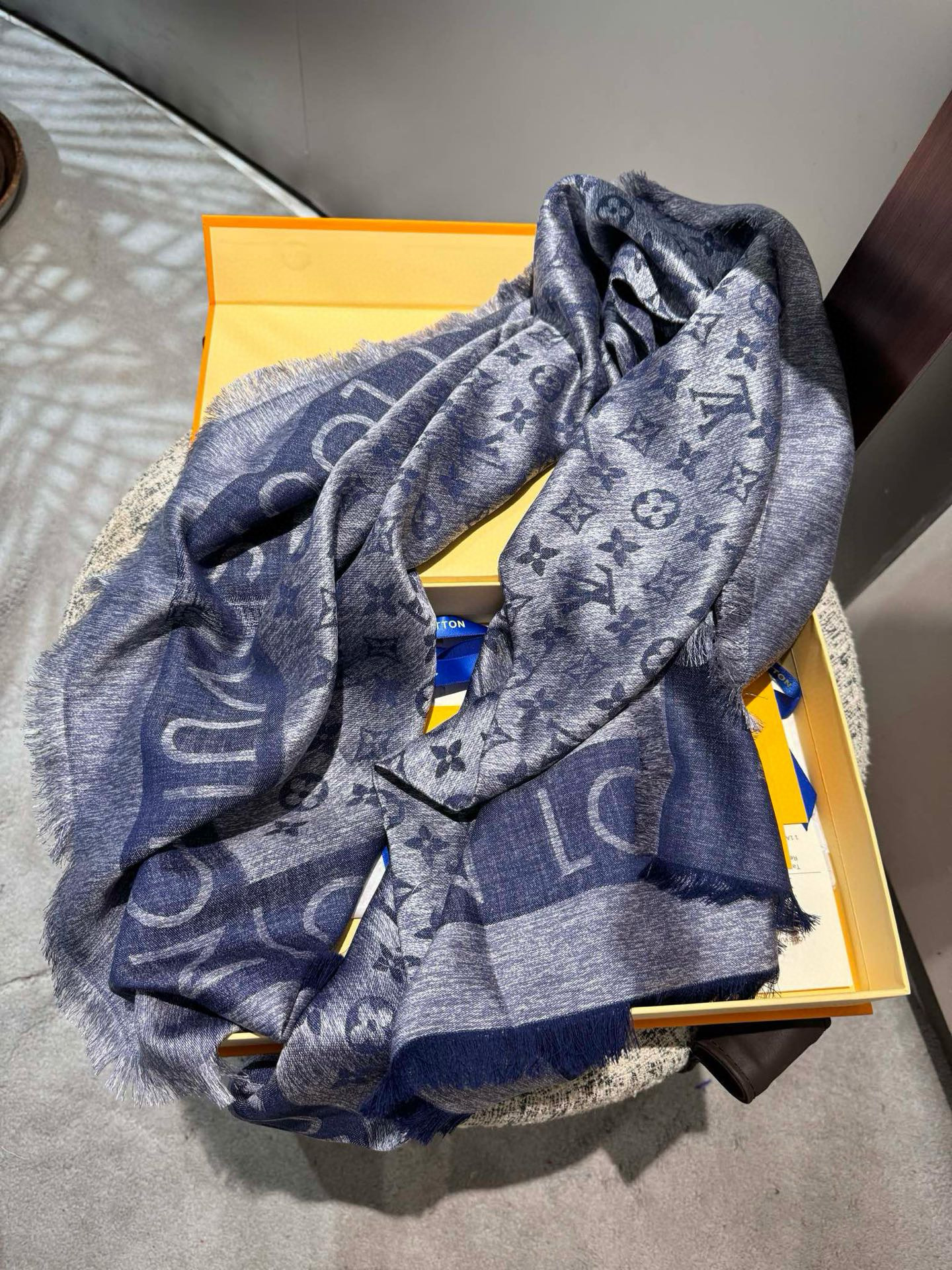 LV Classic Monogram lock and Go denim Shawl