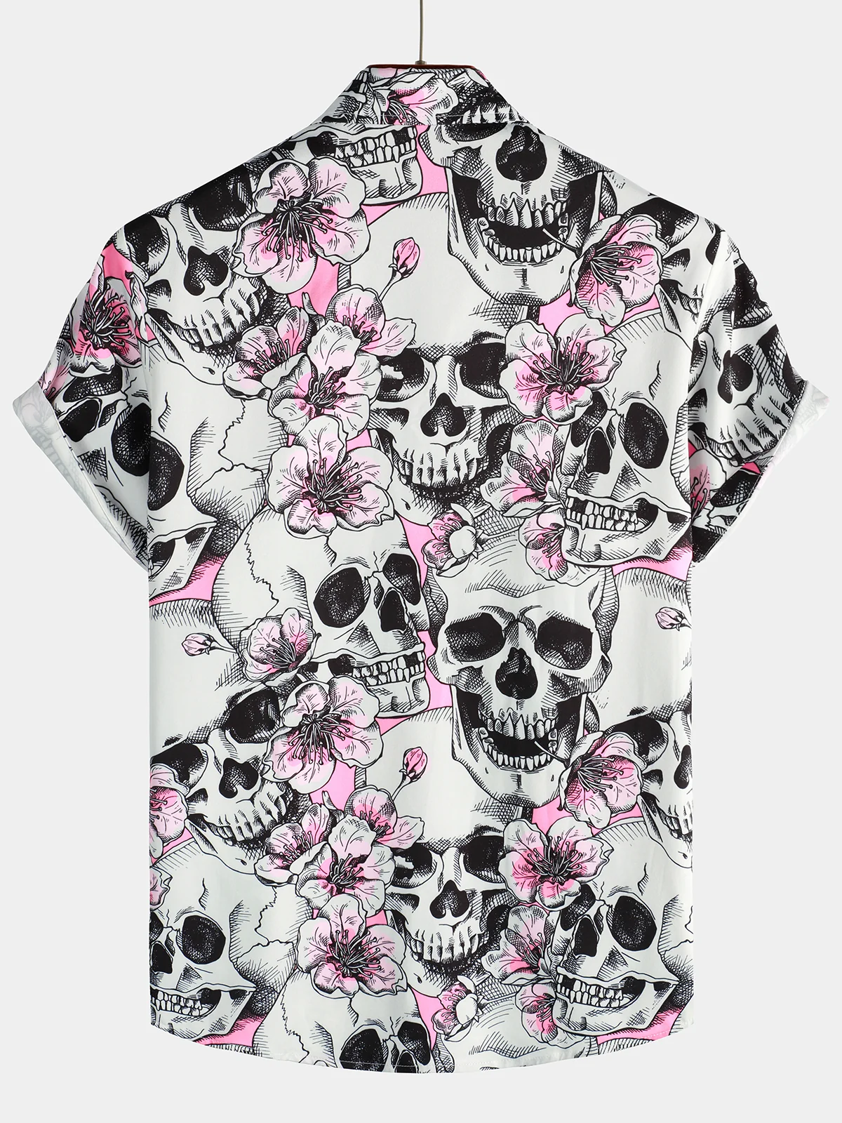 Men's Pink Cherry Blossom Skull Punk Rock Button-Up Short Sleeve Shirt