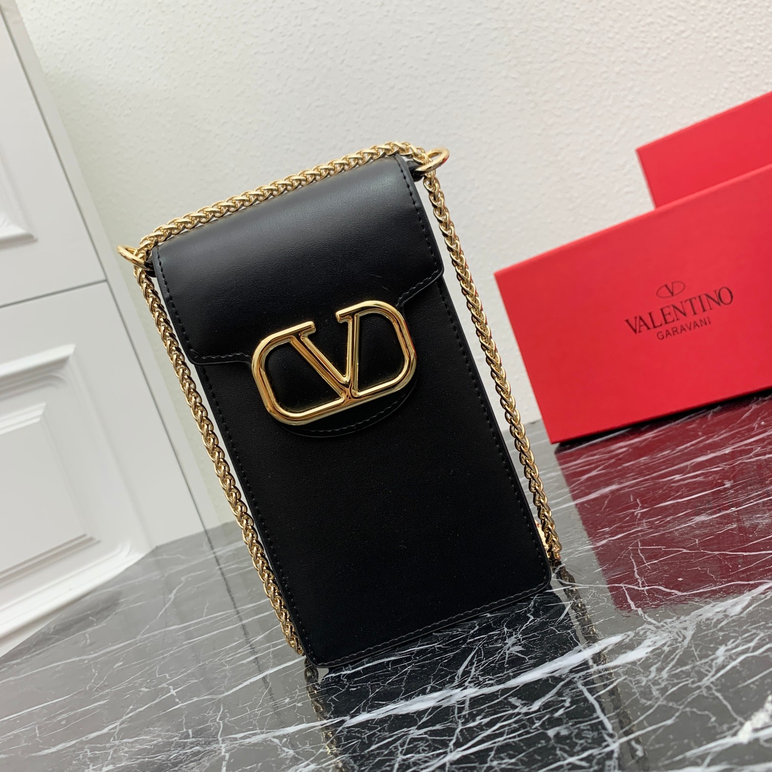 Valentino VLogo Signature Smooth Leather Chain Mini Vertical Phone Pouch Bag - KAIROO