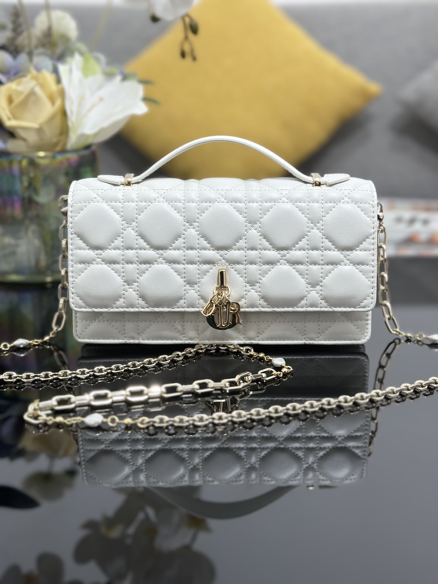 Miss Dior Chain Wallet/Clutch in White Cannage Lambskin