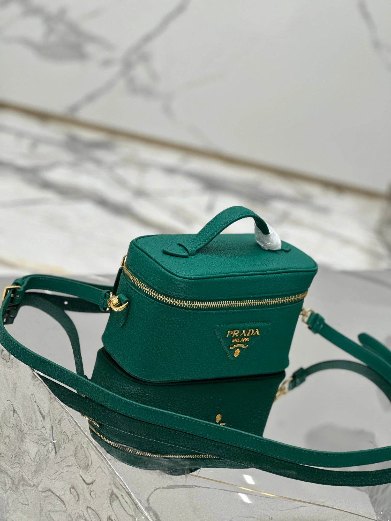 Prada VANITY CASE 18 IN EMERALD GREEN GRAINED CALFSKIN GOLD HARDWARE