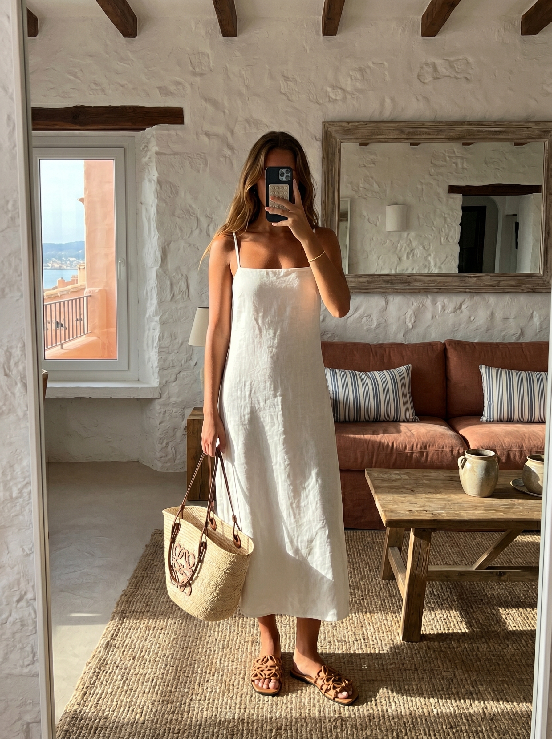Loewe Paula's Ibiza Tan Woven Raffia Leather Anagram Basket Tote Bag & Open Toe Flat Sandals Basket Set - KAIROO
