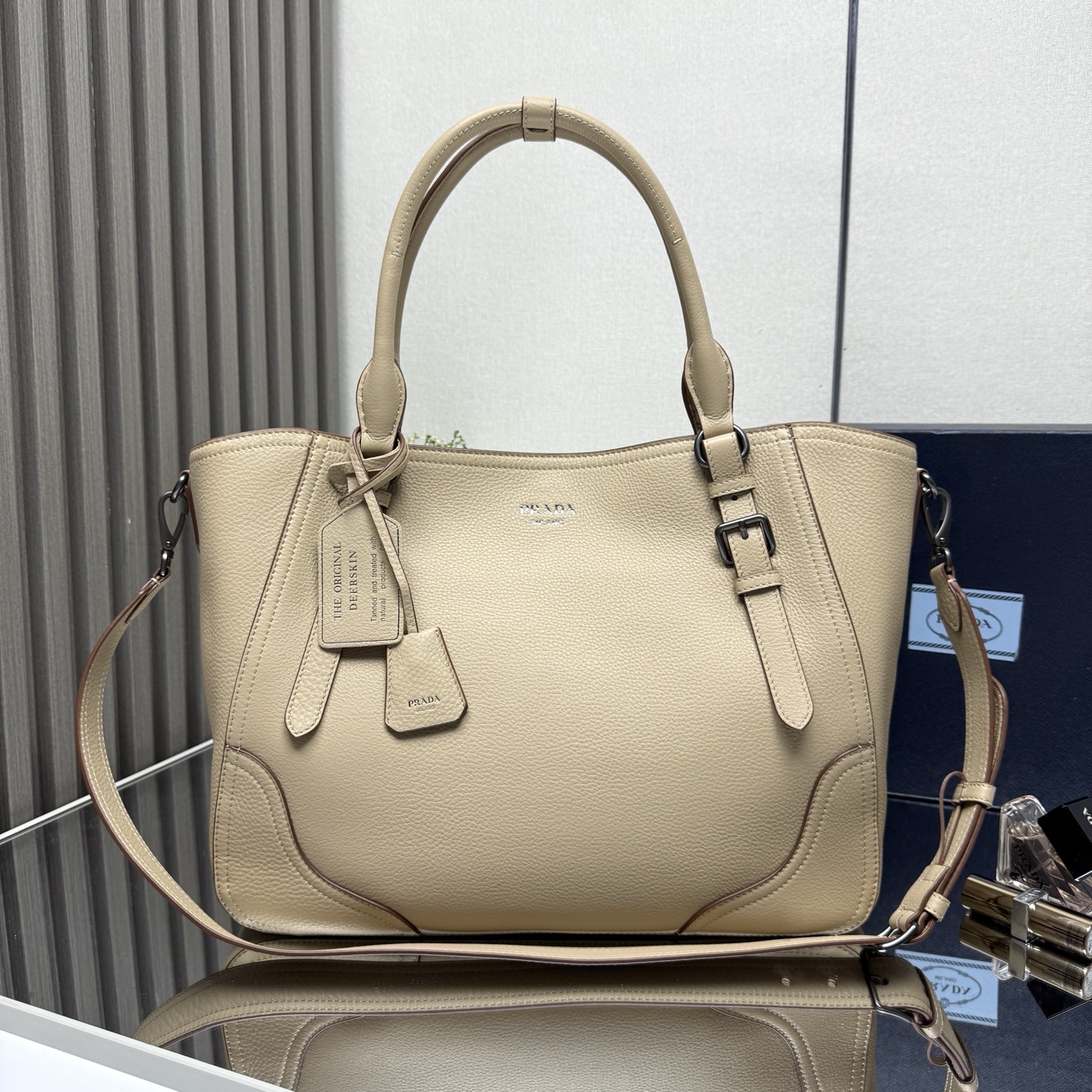 Prada Large leather tote bag-Beige1BG602
