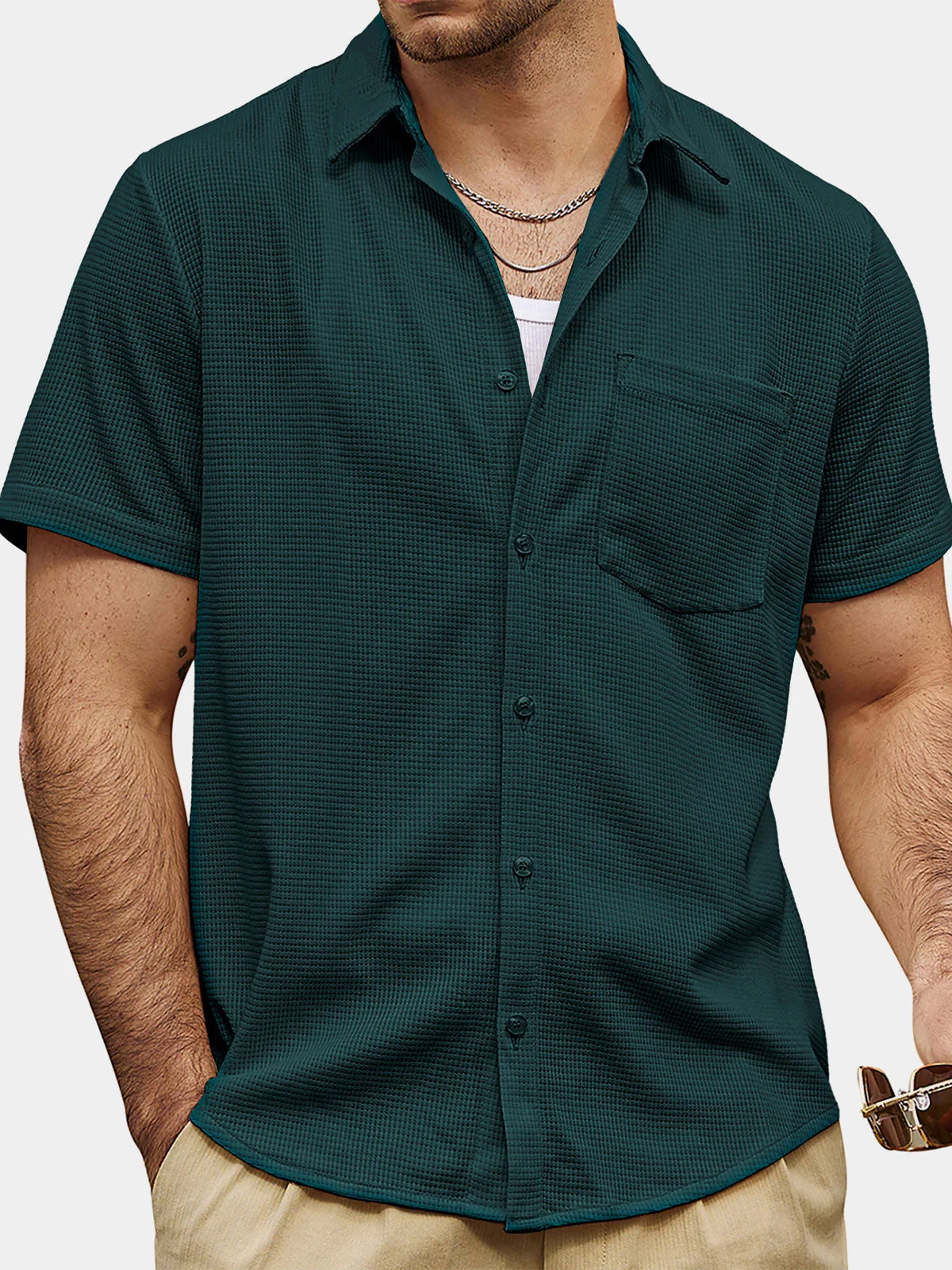 Men's Waffle Textured Casual Summer Beach Short Sleeve Shirt
