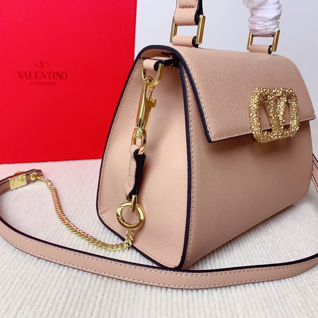 Valentino Garavani Vsling Top Handle bag in Calfskin and crystals-Beige