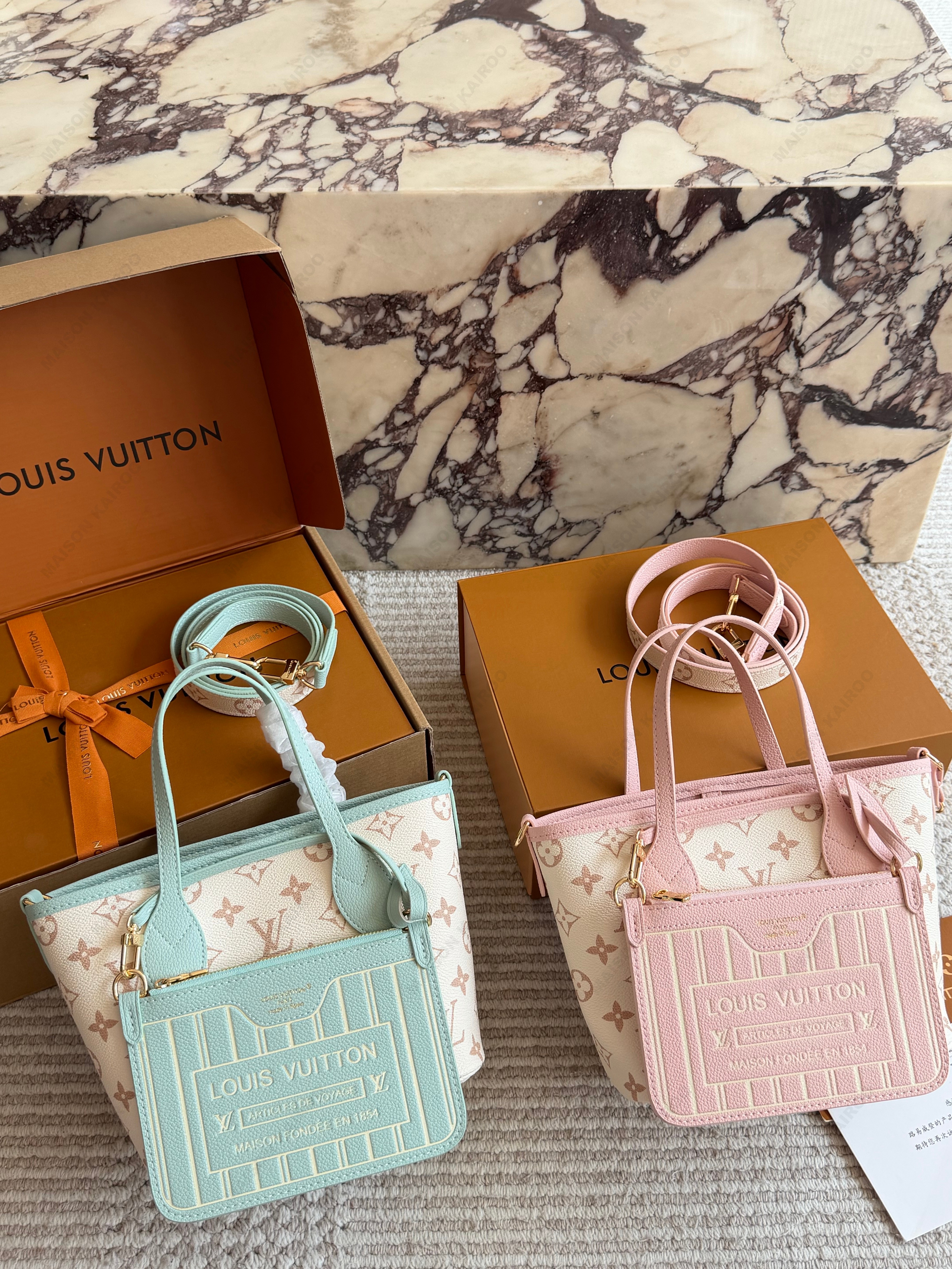 Louis Vuitton LV Neverfull Inside Out BB&MM Pastel Cream Base Monogram Canvas Reversible Tote Bag - KAIROO