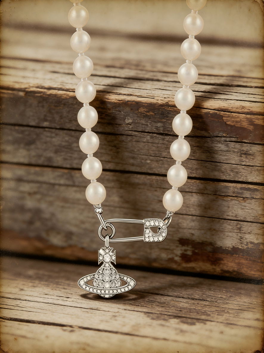 Punk Style Silver-Tone Pearl Necklace with Safety Pin & Crystal Saturn Charm | Trendy Everyday Fashion Accessory