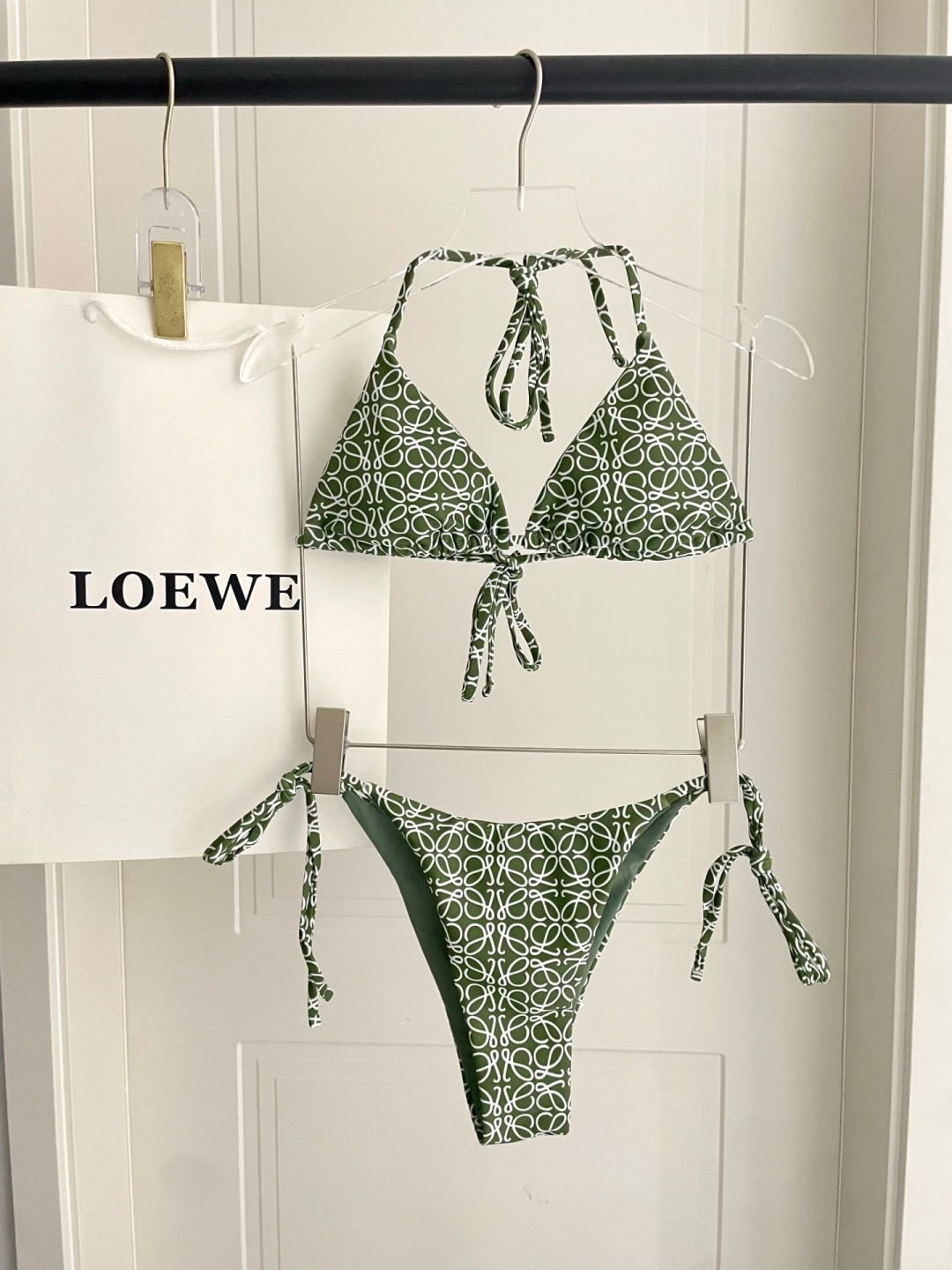 Loewe Green Repeat All-Over Anagram Print Triangle Halter Bikini Swimsuit Two-Piece Set - KAIROO