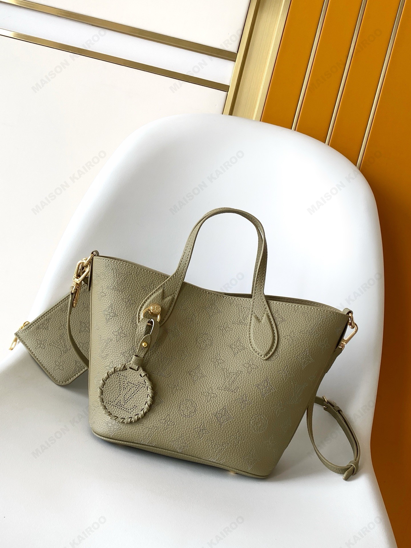 【10A】Louis Vuitton LV Mahina Blossom PM Grey Green Dense Perforated Monogram Leather Basket Handle Tote Bag - KAIROO