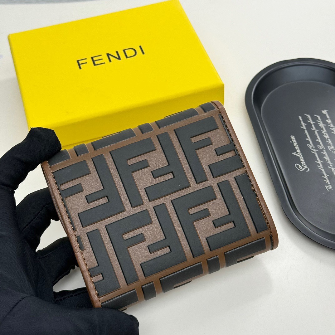 Fendi Square FF Monogram Embossed Calfskin Trifold Compact Wallet - KAIROO