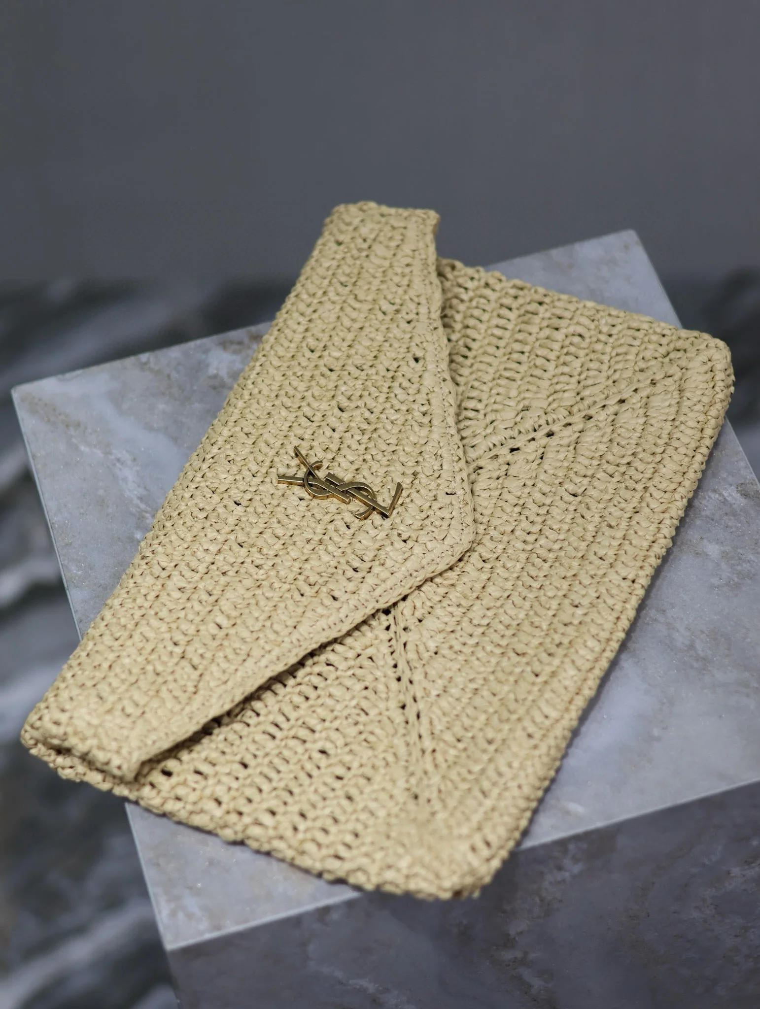 Saint Laurent YSL Envelope Clutch 29cm Beige Raffia Leather