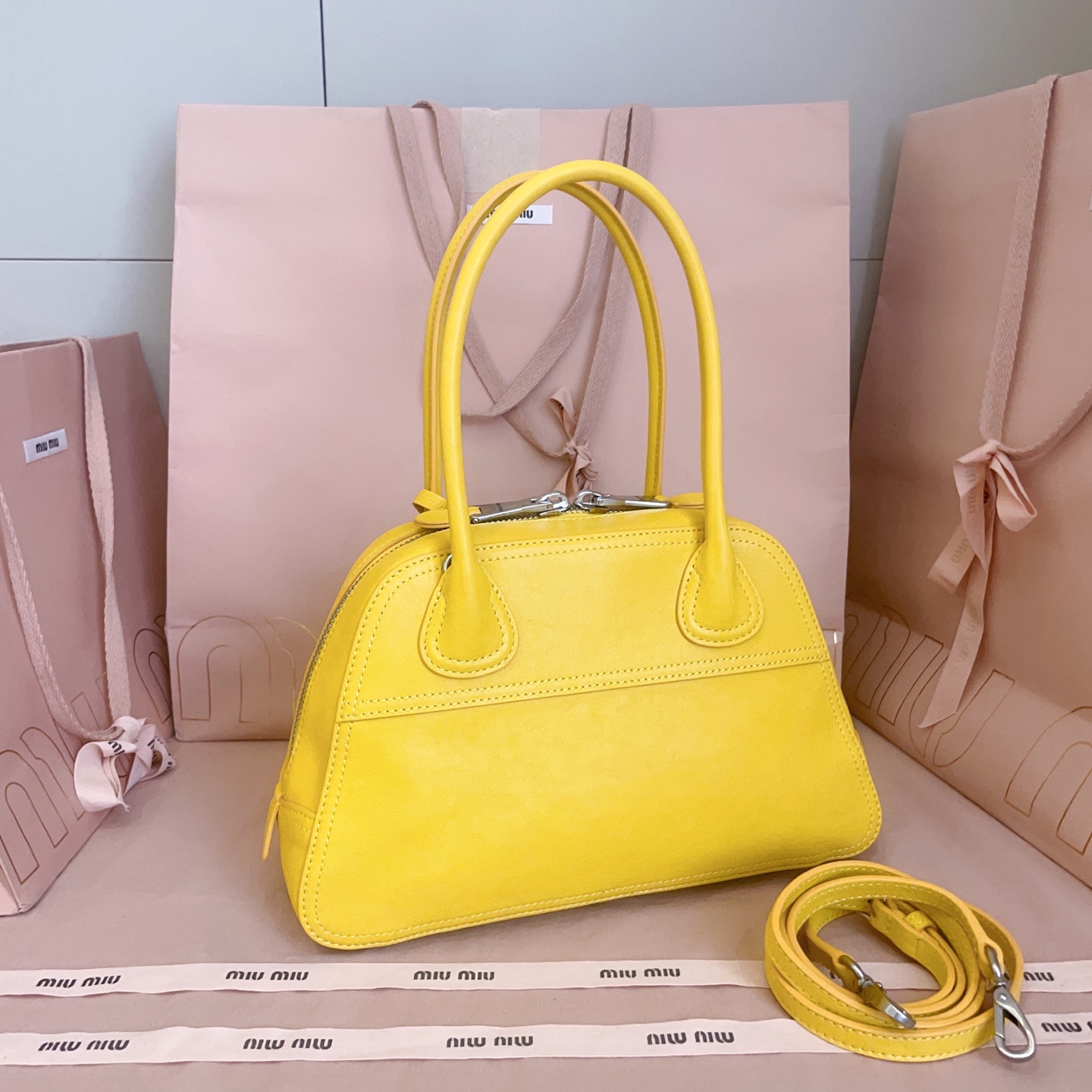 Miu Miu Small citrus yellow Vivant Leather bag 5BB200