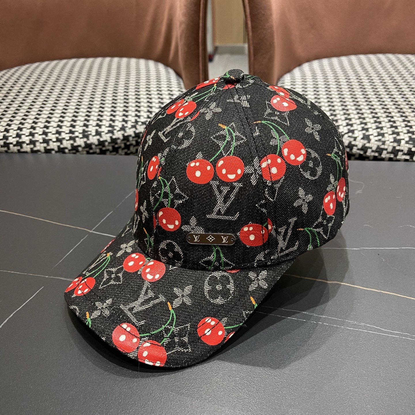 Louis Vuitton Denim Cherry Print Baseball Cap Hat With Metal Logo Plate - KAIROO