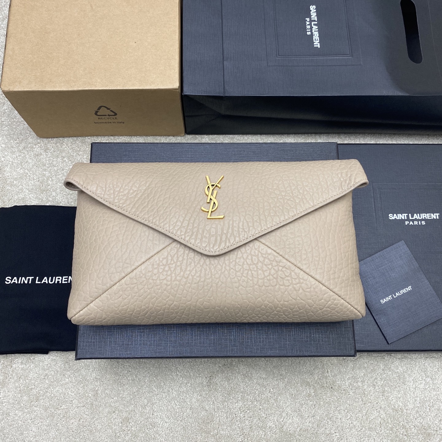 Saint Laurent Beige Lambskin Cassandre Large Envelope Pouch