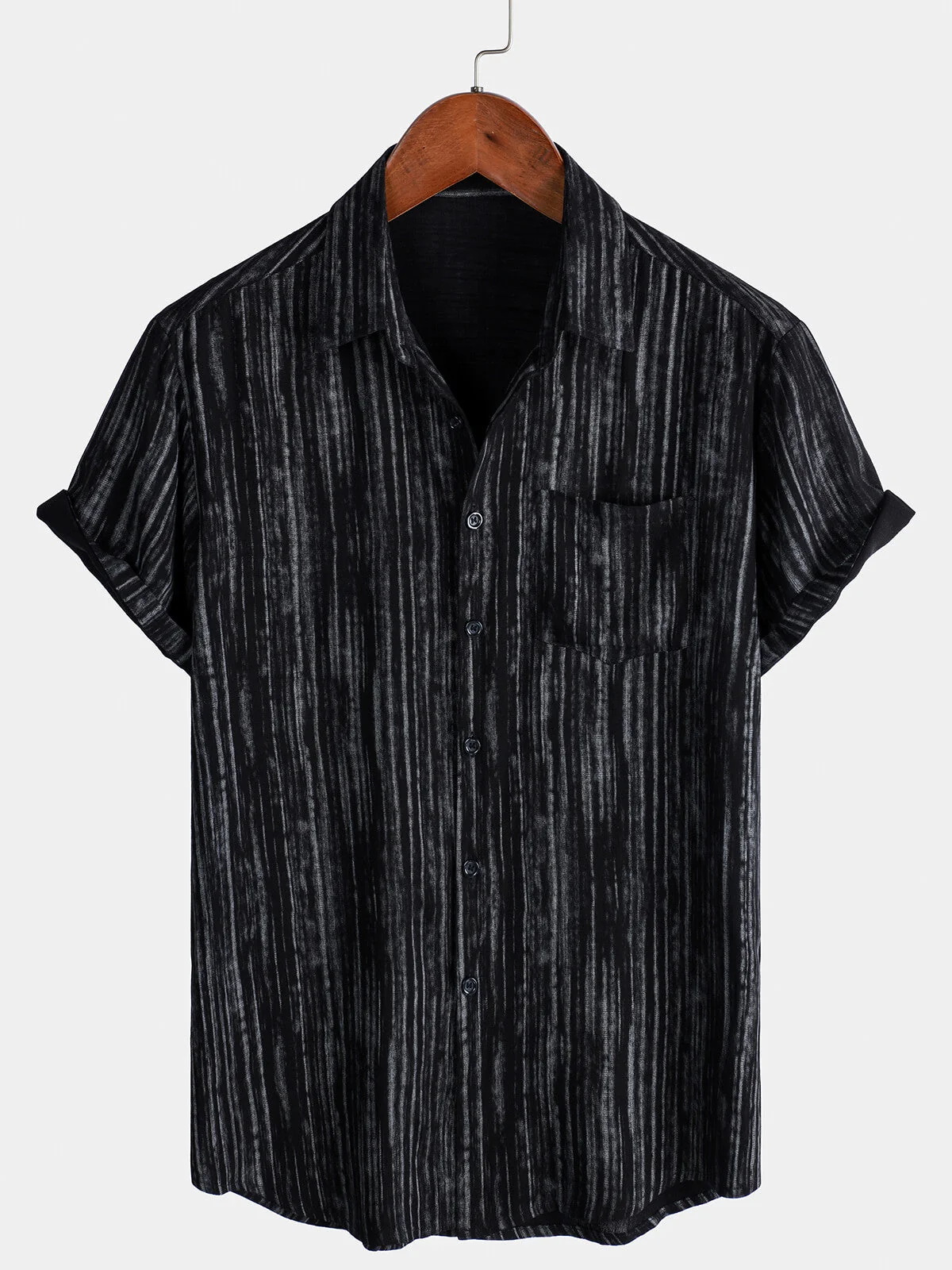 Men's Black Striped Breathable Pocket Short Sleeve Shirt
