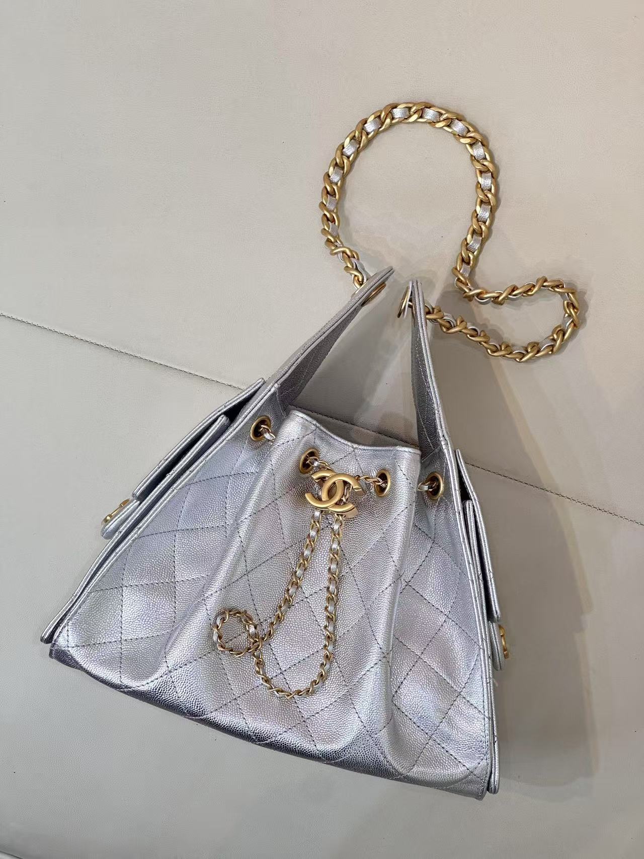 Chanel 2025 New Bag Caviar Small 30cm Silver Hobo Bucket Bag