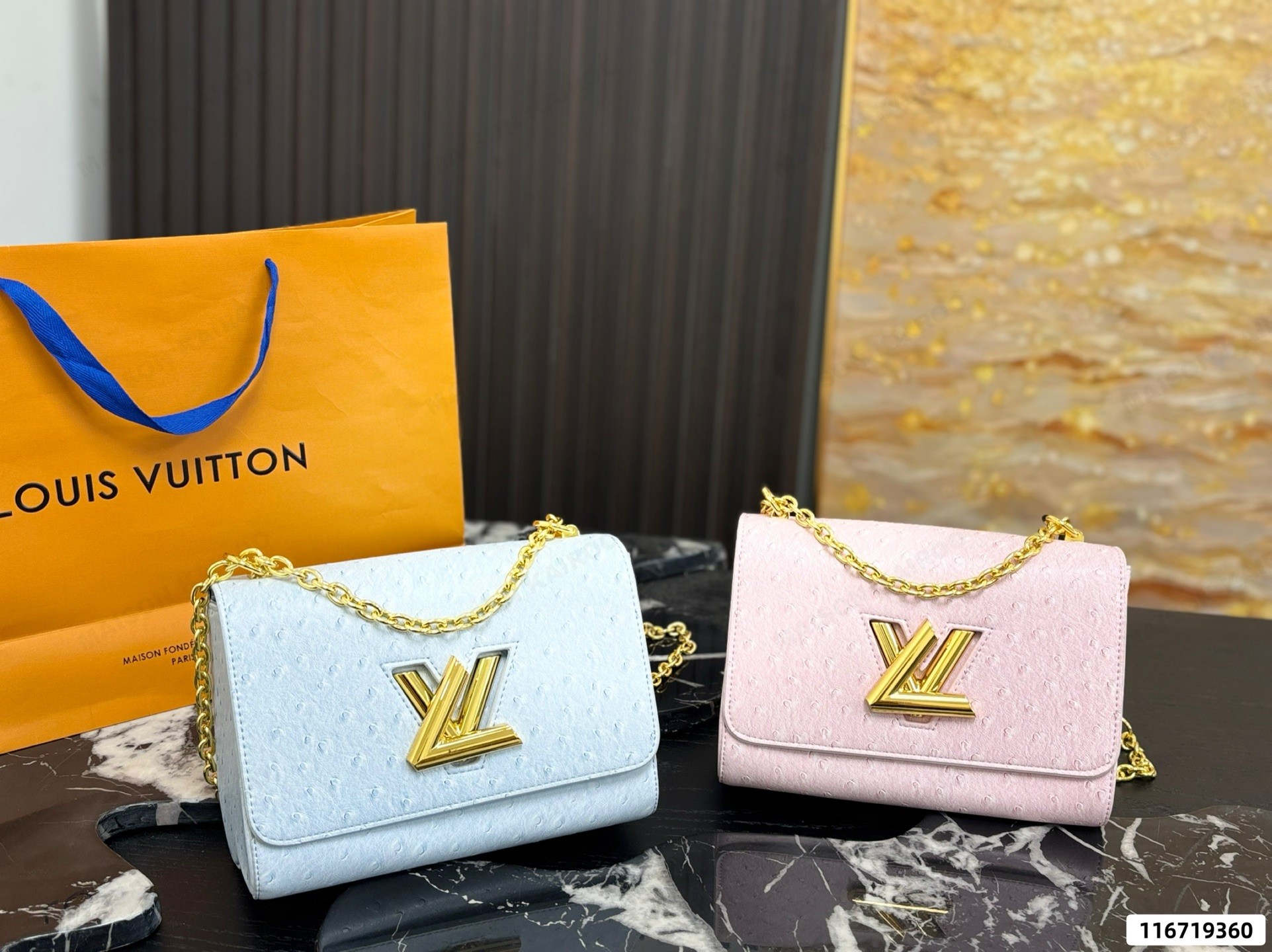 Louis Vuitton LV Twist Lock MM Pastel Ostrich Embossed Leather Gold Logo Chain Flap Shoulder Bag - KAIROO