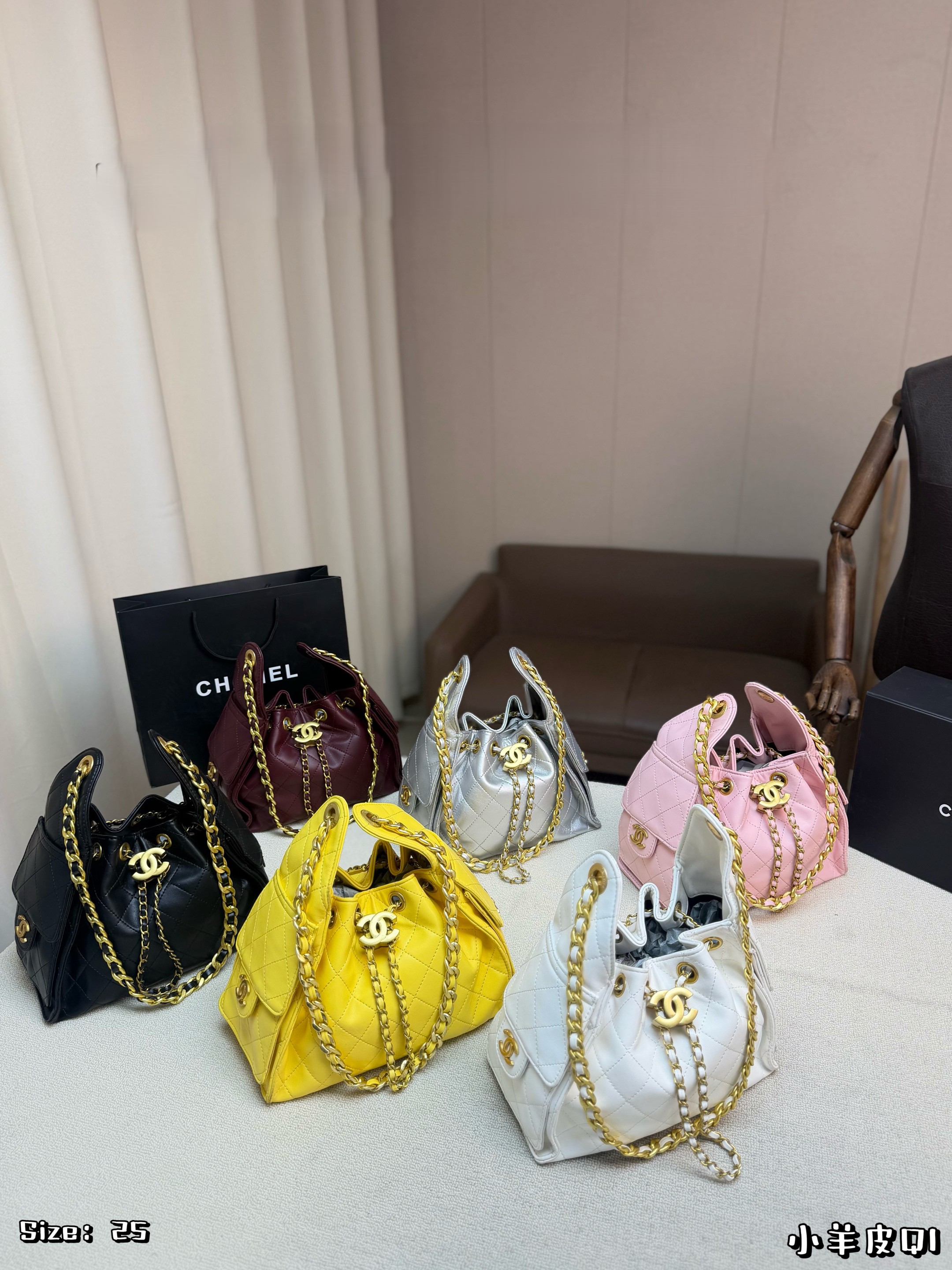 Chanel 25 Small 26CM Quilted Caviar &Smooth Leather Drawstring Lazy Bucket Hobo Shoulder Bag - KAIROO