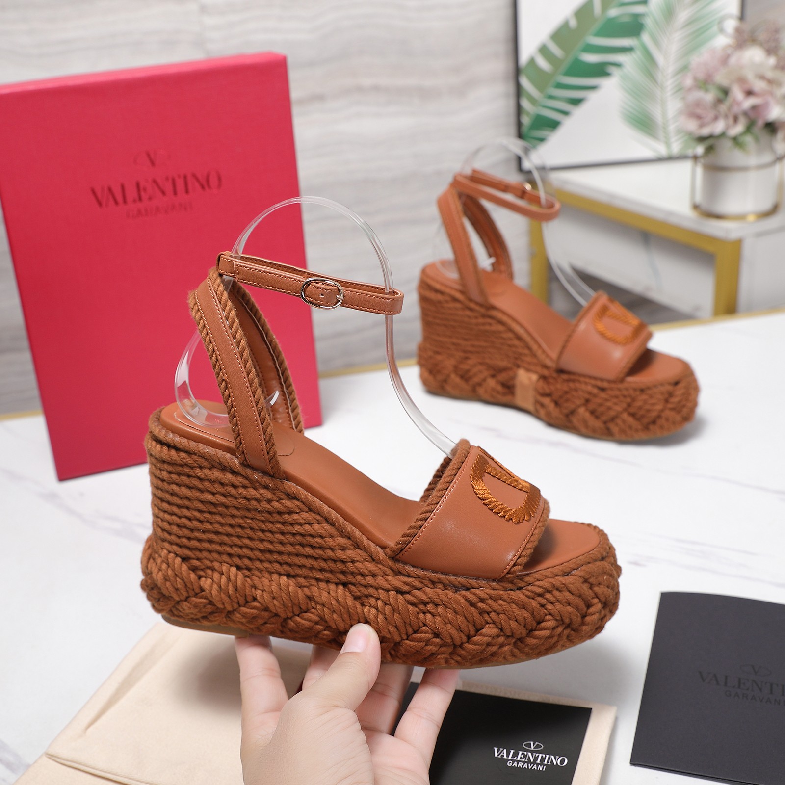 Valentino Garavani Tan Smooth Leather VLogo Embroidered Platform Jute Wedge Espadrille Sandal Heels - KAIROO