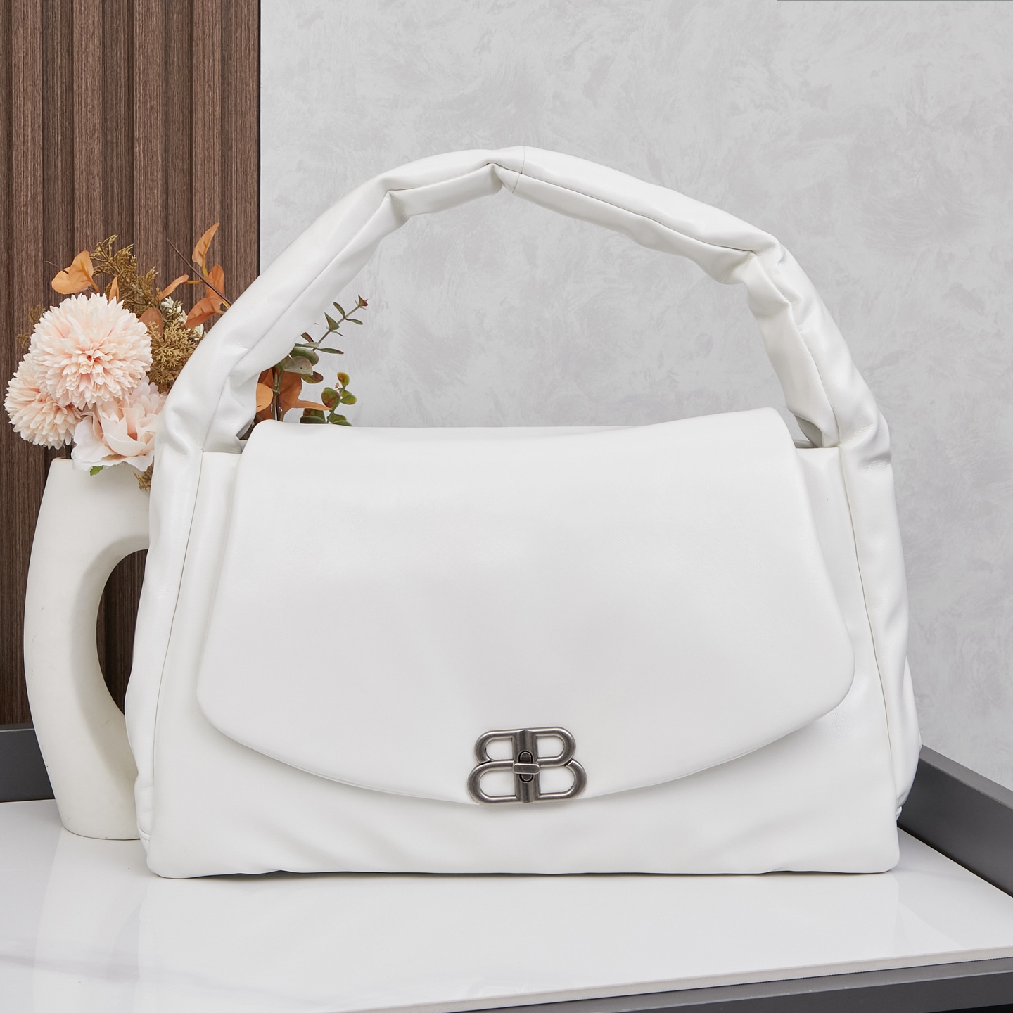 Balenciaga Monaco White Padded Slouchy Leather BB Logo Puffy Handle Shoulder Tote Bags - KAIROO
