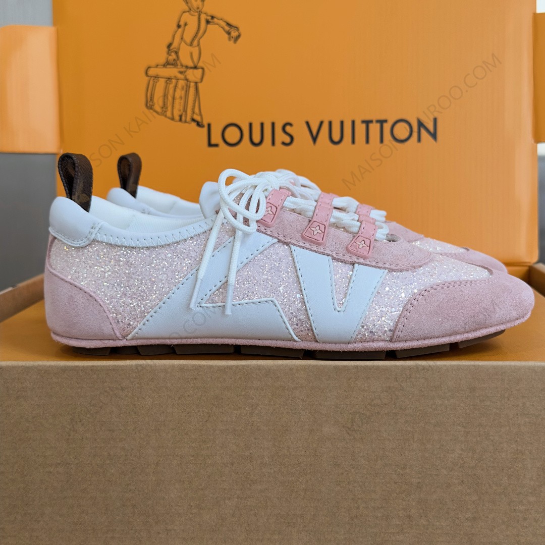 Louis Vuitton LV Monogram Glitter Light Pink Suede Leather Side Run Away Low Top Ballet Sneakers - KAIROO