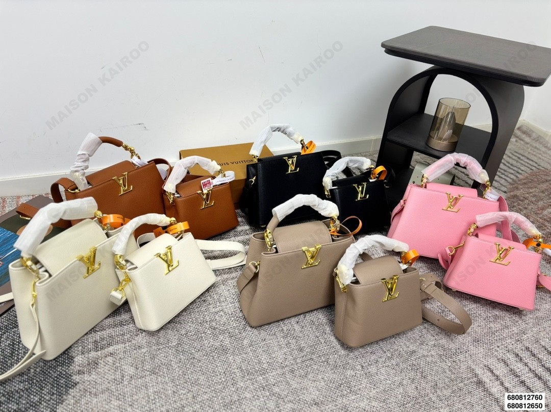 Louis Vuitton LV Capucines BB/Mini Grained Leather Strap Gold Logo Top Handle Bag - KAIROO