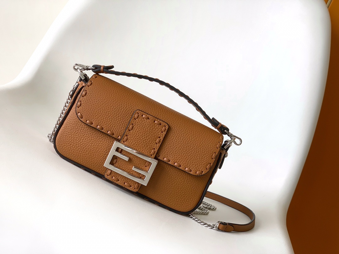 Fendi Mini Selleria Baguette Leather Bag-Camel