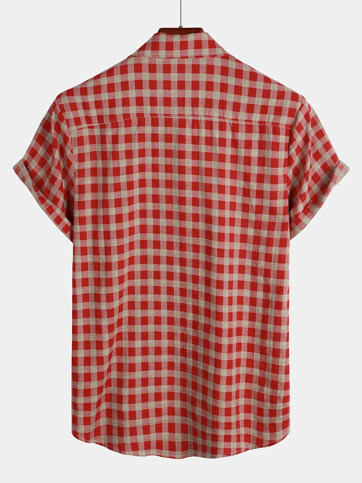 Men's Red Plaid Cotton Button-Up Summer Shirt