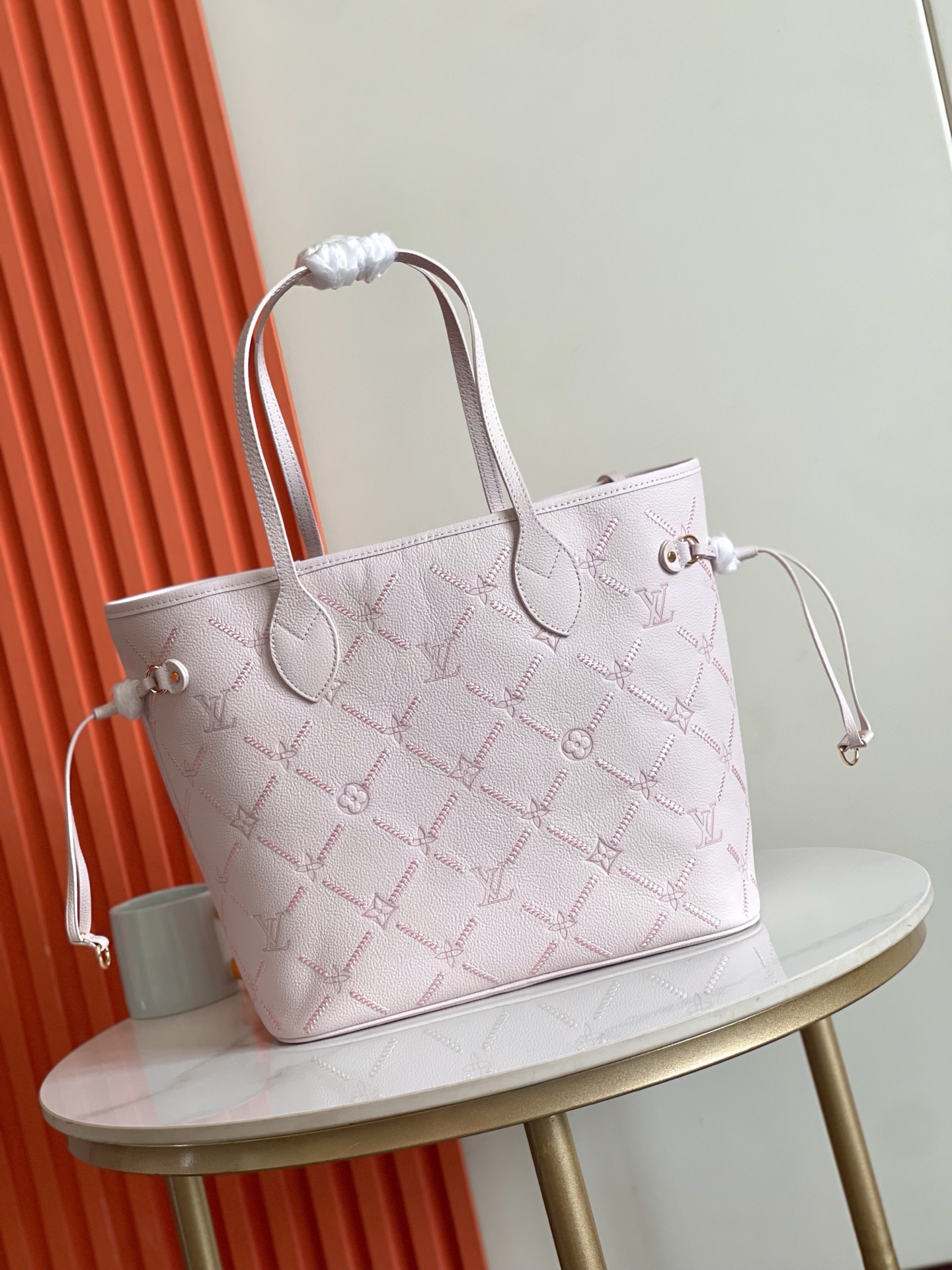 Louis Vuitton LV Neverfull MM Pastel Light Pink Monogram Stitched Grid Empreinte Leather Tote Bag With Pouch - KAIROO