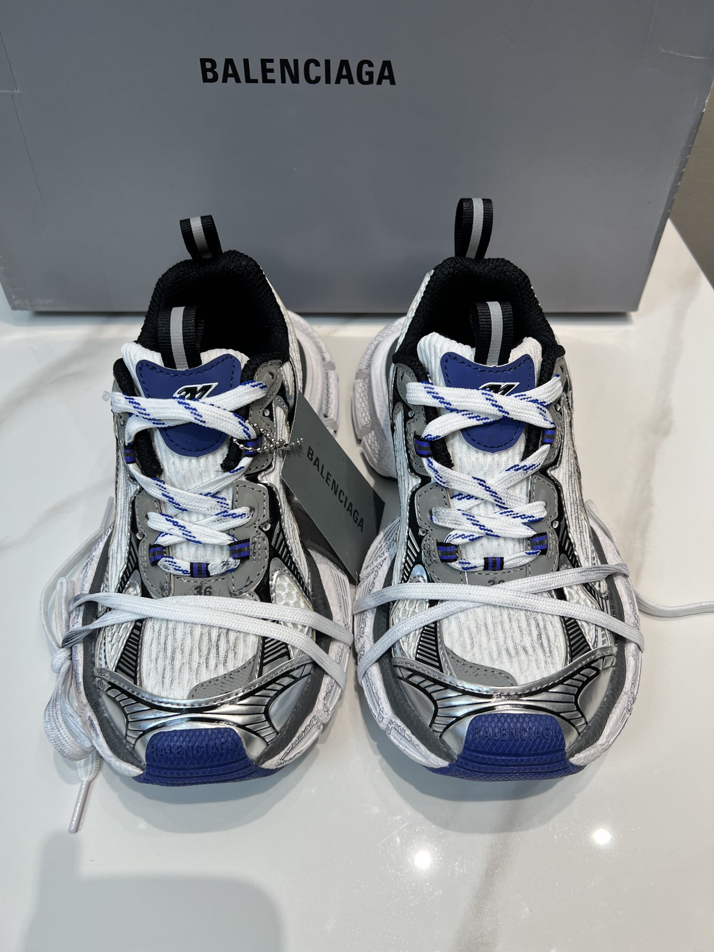 Balenciaga 3XL White Blue Contrast Mesh Polyurethane Wrapped Laces Oversized Chunky Sneakers - KAIROO
