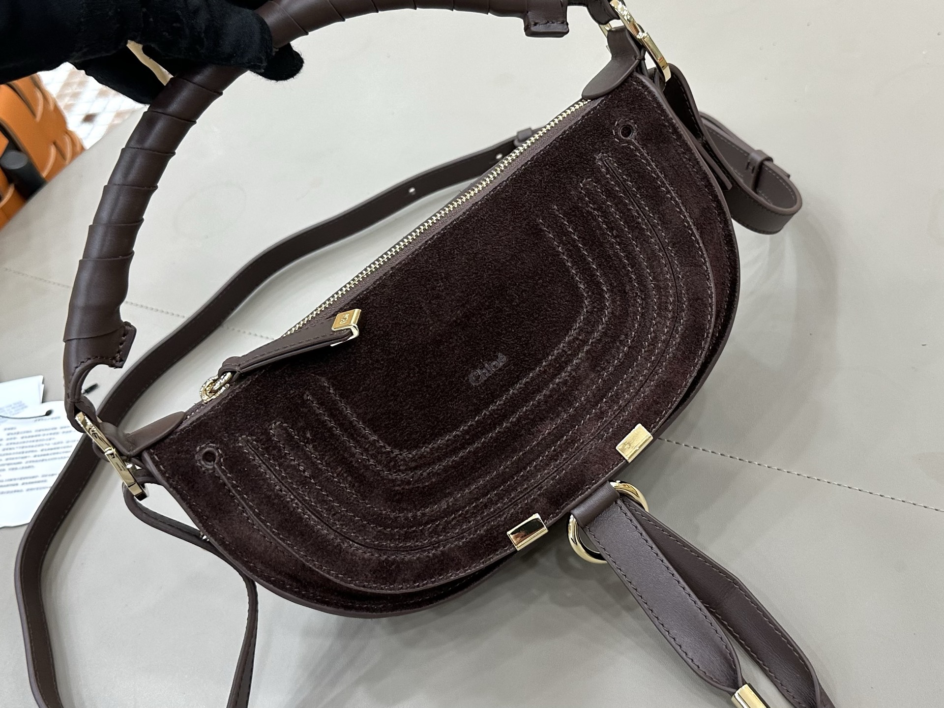 Chloe Mini Marcie Shoulder Bag in Suede Calfskin-Chocolate