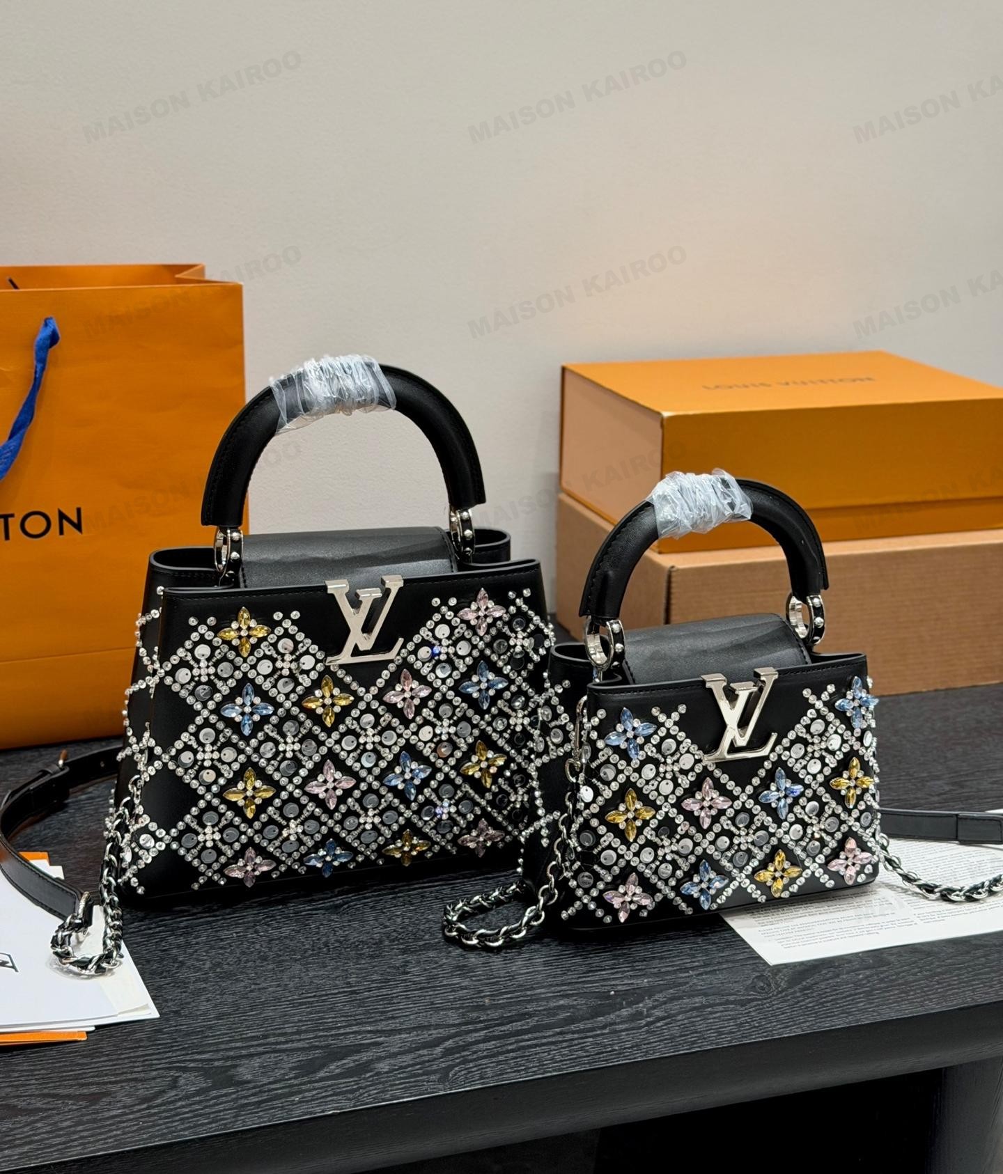 Louis Vuitton LV Capucines BB/Mini Black Multicolor Crystal Diamond Embellished Leather Top Handle Bag - KAIROO