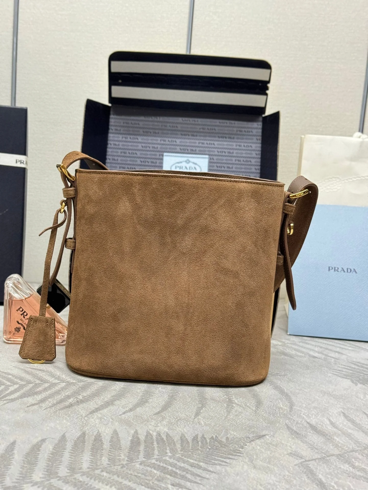 Prada BUCKET BAG 22 IN RUSSET BROWN SOFT SUEDE
