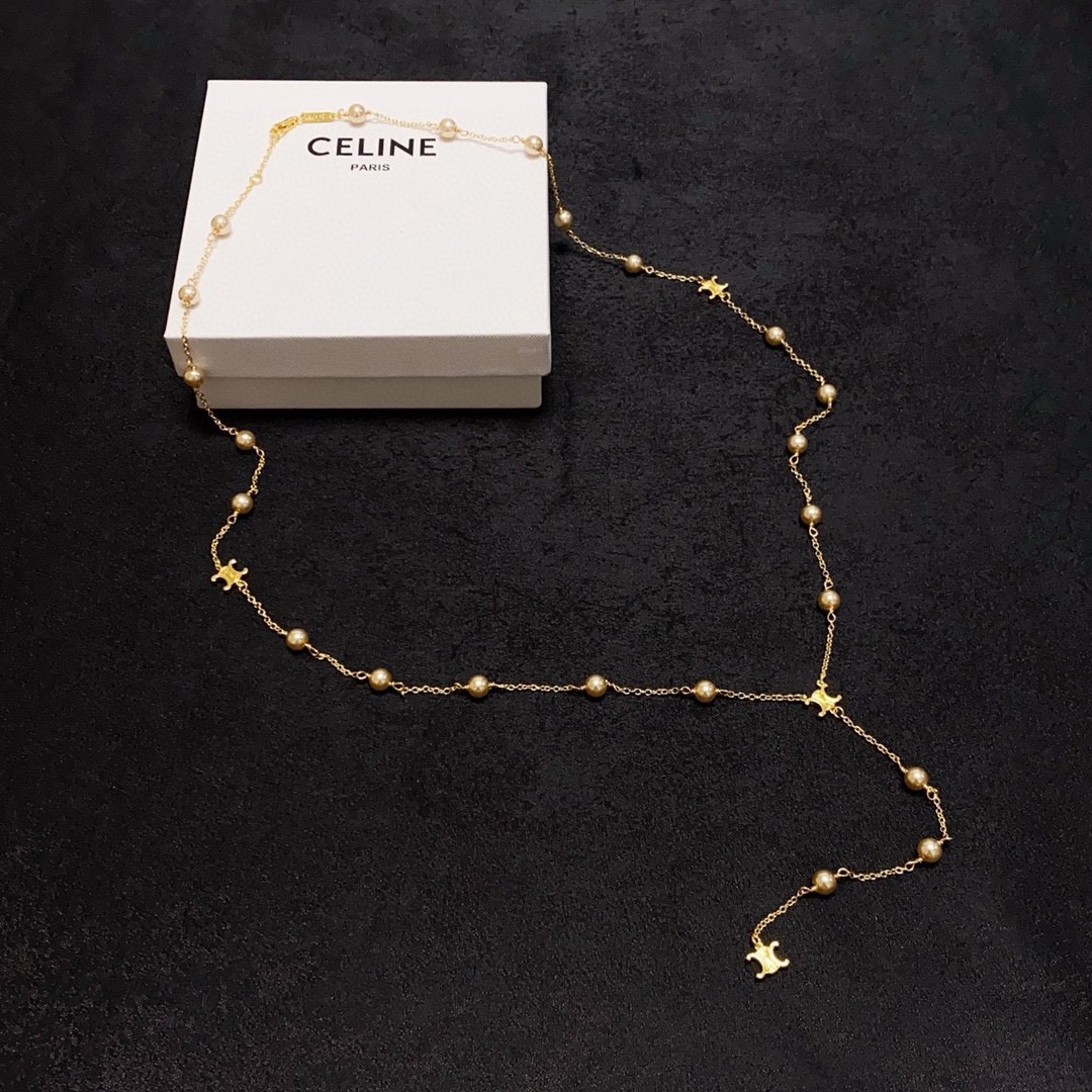 Celine Gold Finish Triomphe Logo Station Y-Shape Pearl Long Necklace - KAIROO