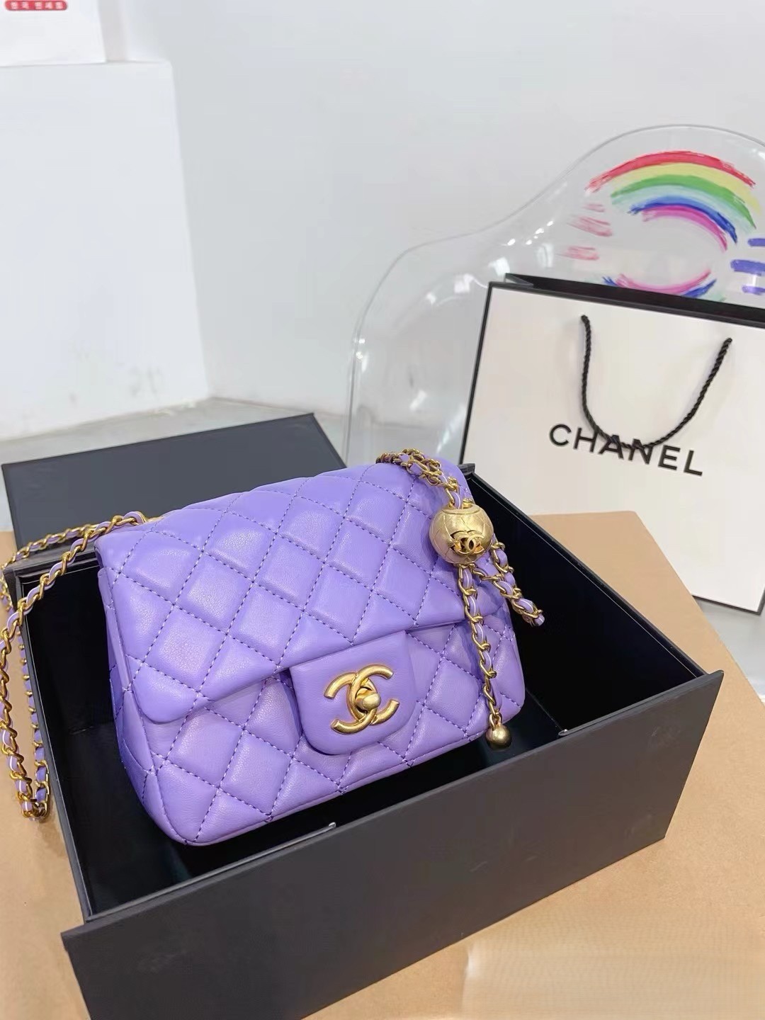 Chanel Mini Square CF 17CM Gold Ball Pearl Crush Quilted Leather Flap Chain Shoulder Bag - KAIROO